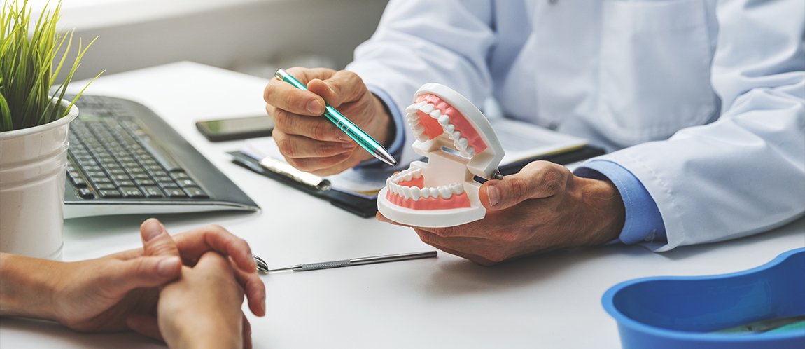 Dentist showing a model of the teeth to a patient